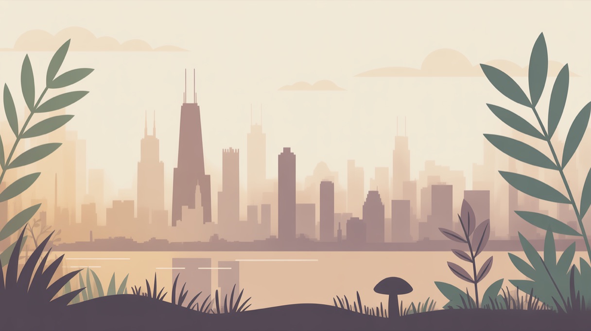 Stylised skyline illustration of Chicago for a guide to what is legal locally