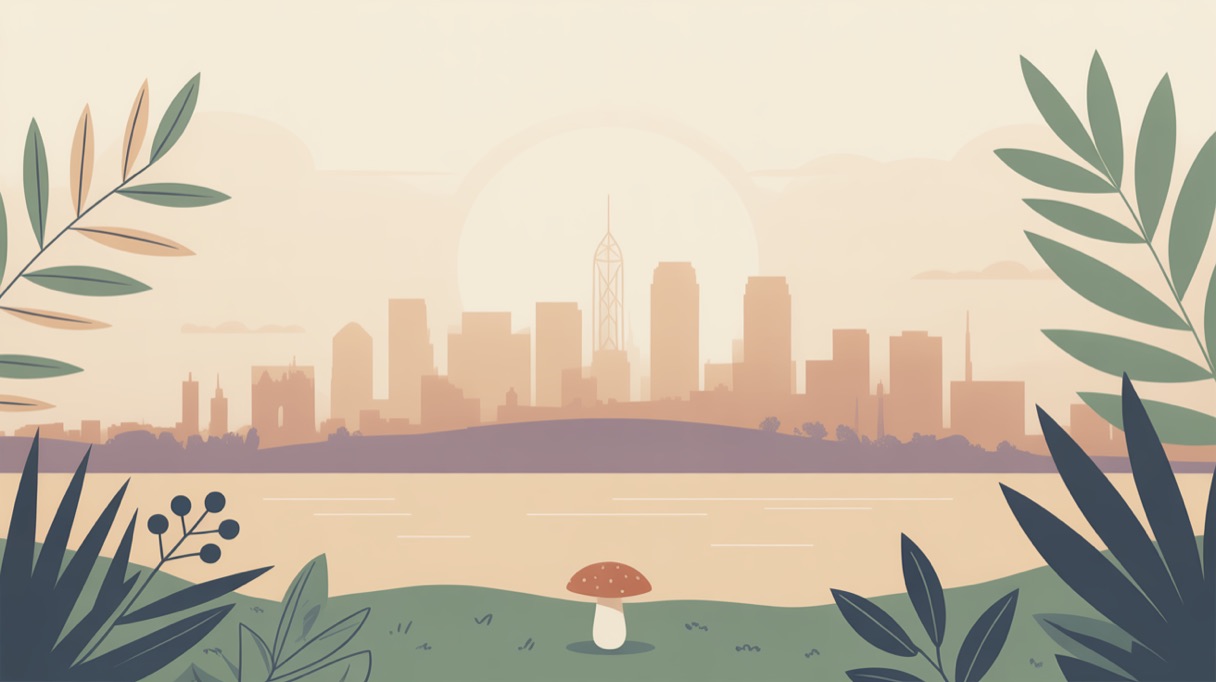 Stylised skyline illustration of Oakland for a guide to what is legal locally