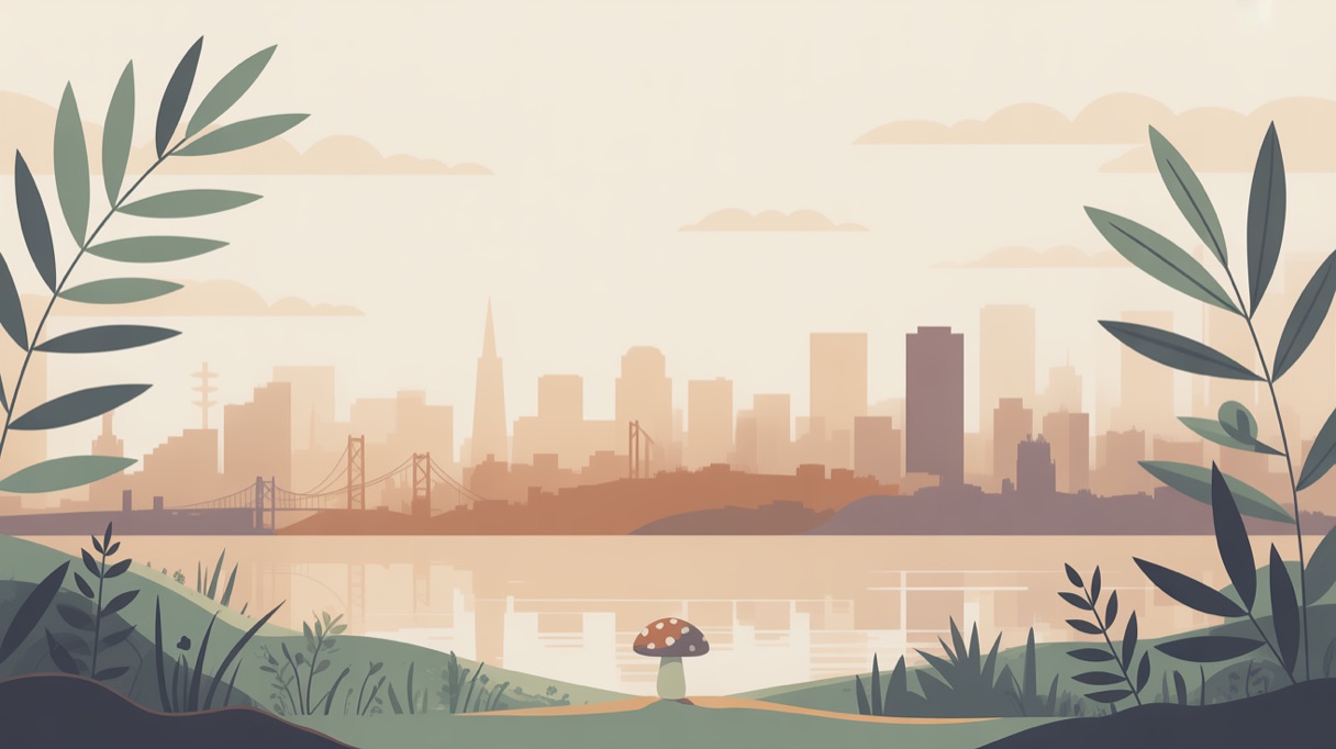Stylised skyline illustration of San Francisco for a guide to what is legal locally