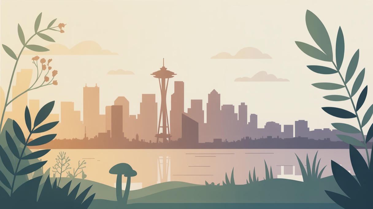Stylised skyline illustration of Seattle for a guide to what is legal locally