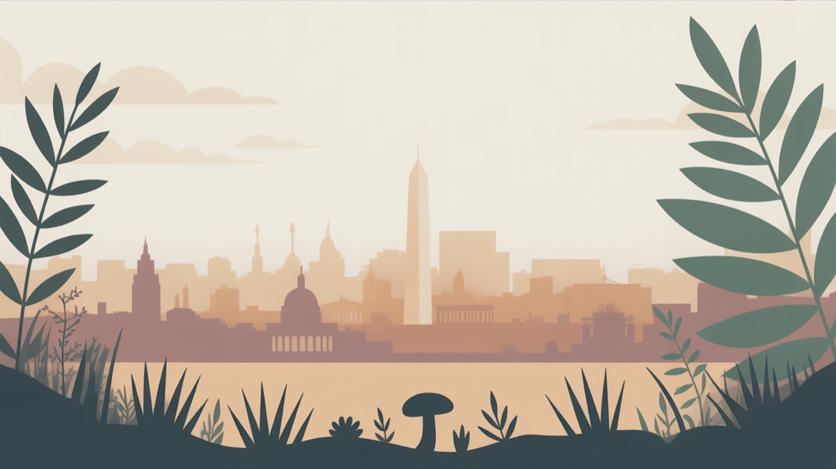 Stylised skyline illustration of Washington, DC for a guide to what is legal locally