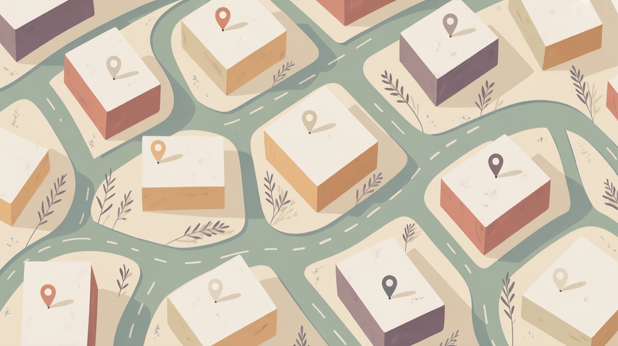 Stylised overhead city illustration representing city-by-city mushroom guides
