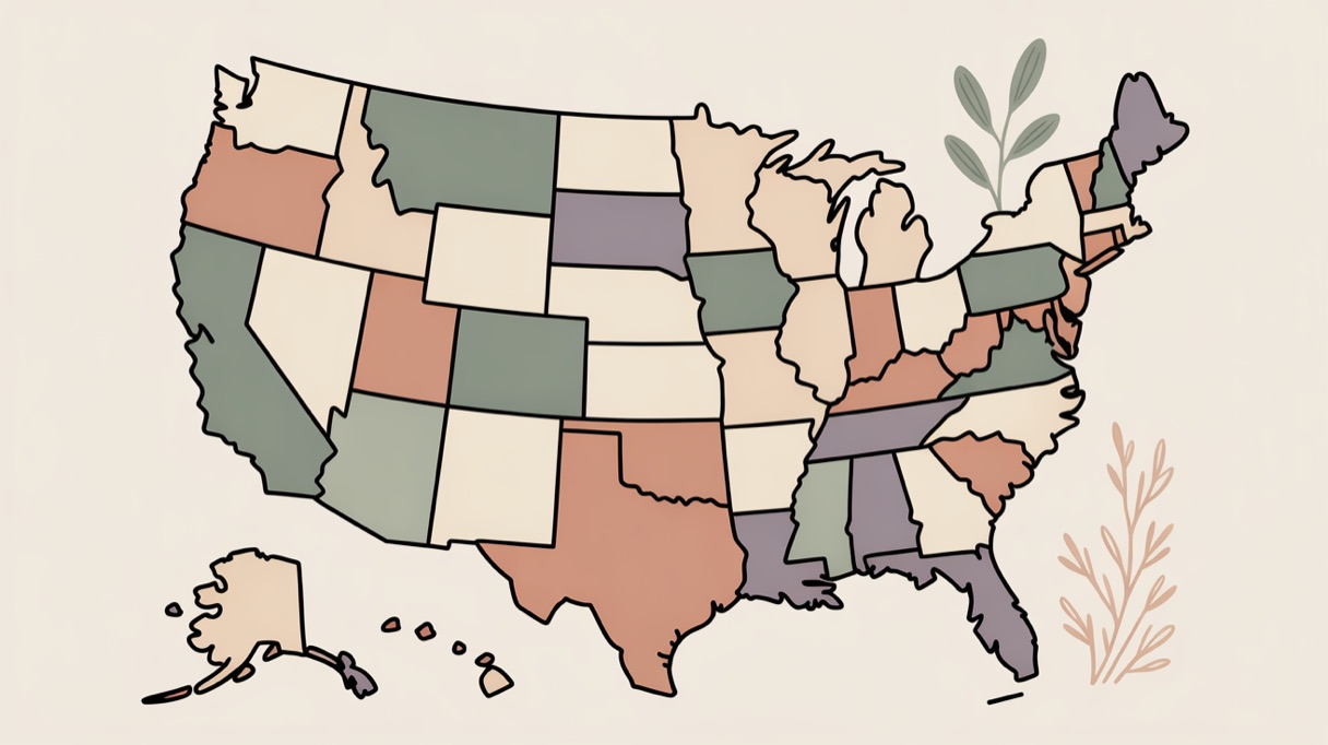 Stylised map of the United States representing state-by-state psilocybin law