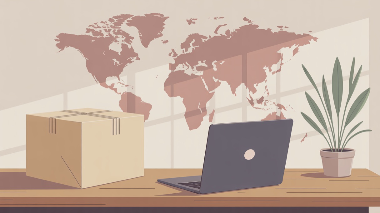 Illustration of a laptop and an unopened parcel, representing buying mushroom products online