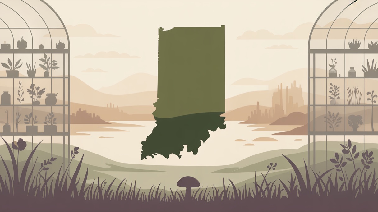 Stylised landscape illustration representing Indiana and its 2026 psilocybin laws