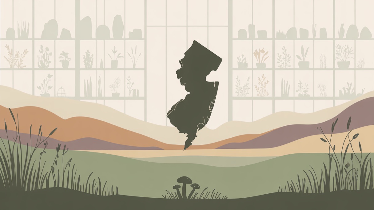 Stylised landscape illustration representing New Jersey and its 2026 psilocybin laws
