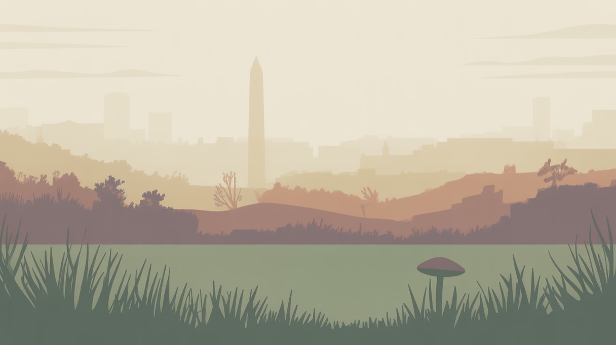 Stylised landscape illustration representing Washington, D.C. and its 2026 psilocybin laws