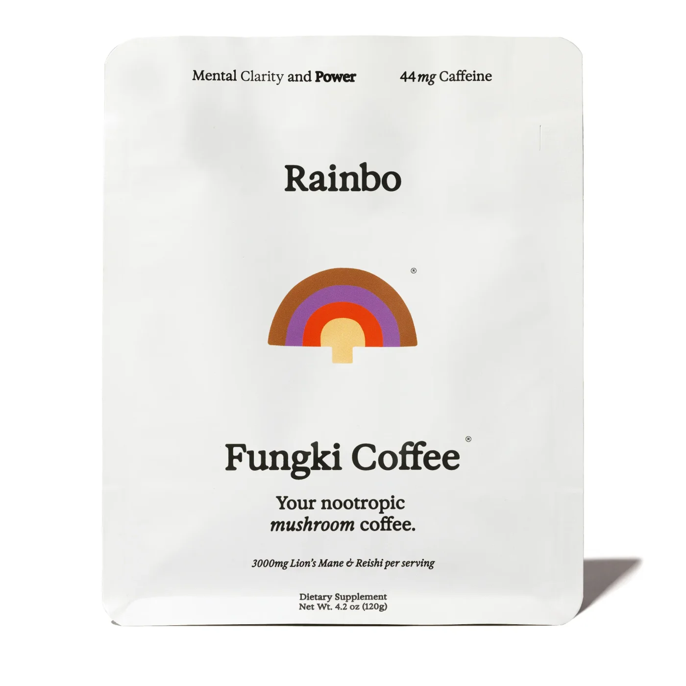 Rainbo Fungki Mushroom Coffee package, 44mg caffeine, nootropic low-acid