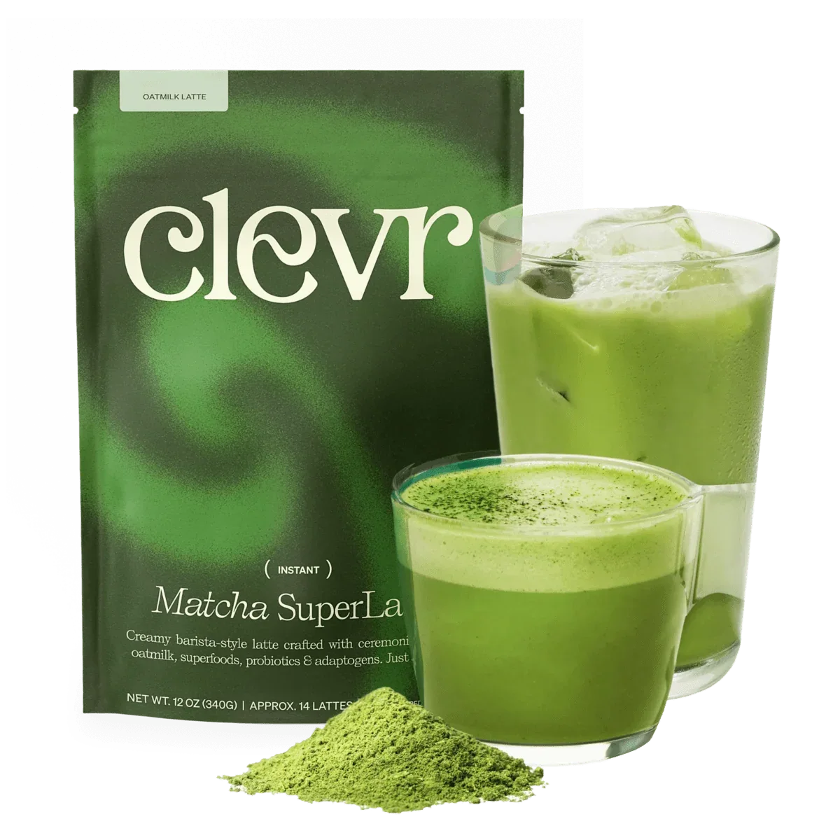 Clevr Blends Matcha SuperLatte package and prepared matcha latte