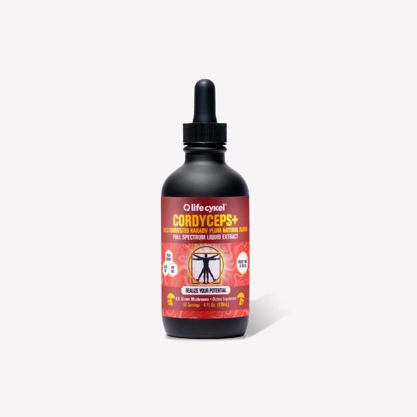 Lifecykel Cordyceps+ mushroom extract supplement bottle on a white background
