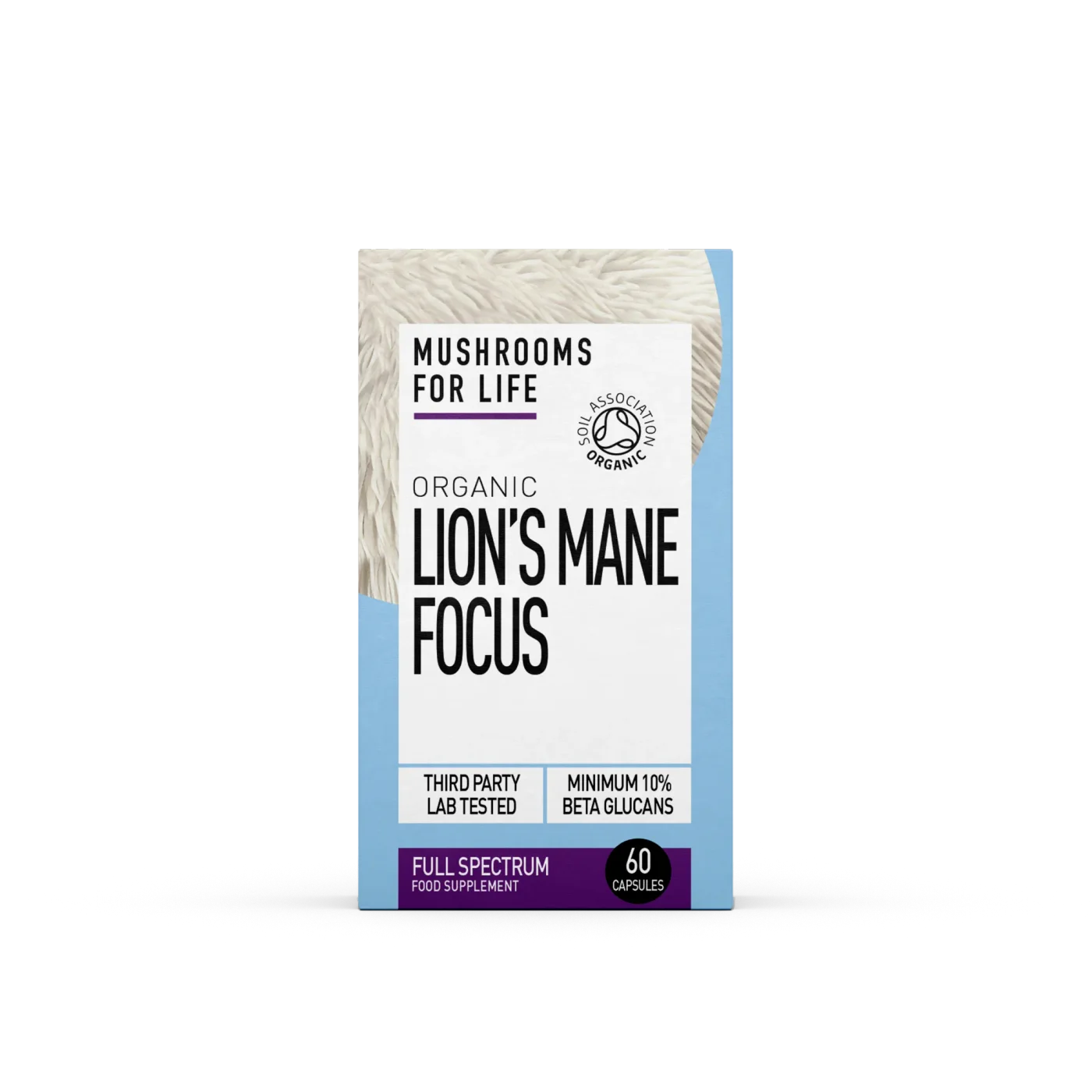 Mushrooms For Life Organic Lion's Mane Focus capsules product packaging, front view