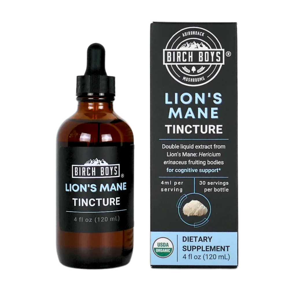 Organic lion's mane tincture set: Birch Boys amber dropper bottle and side box