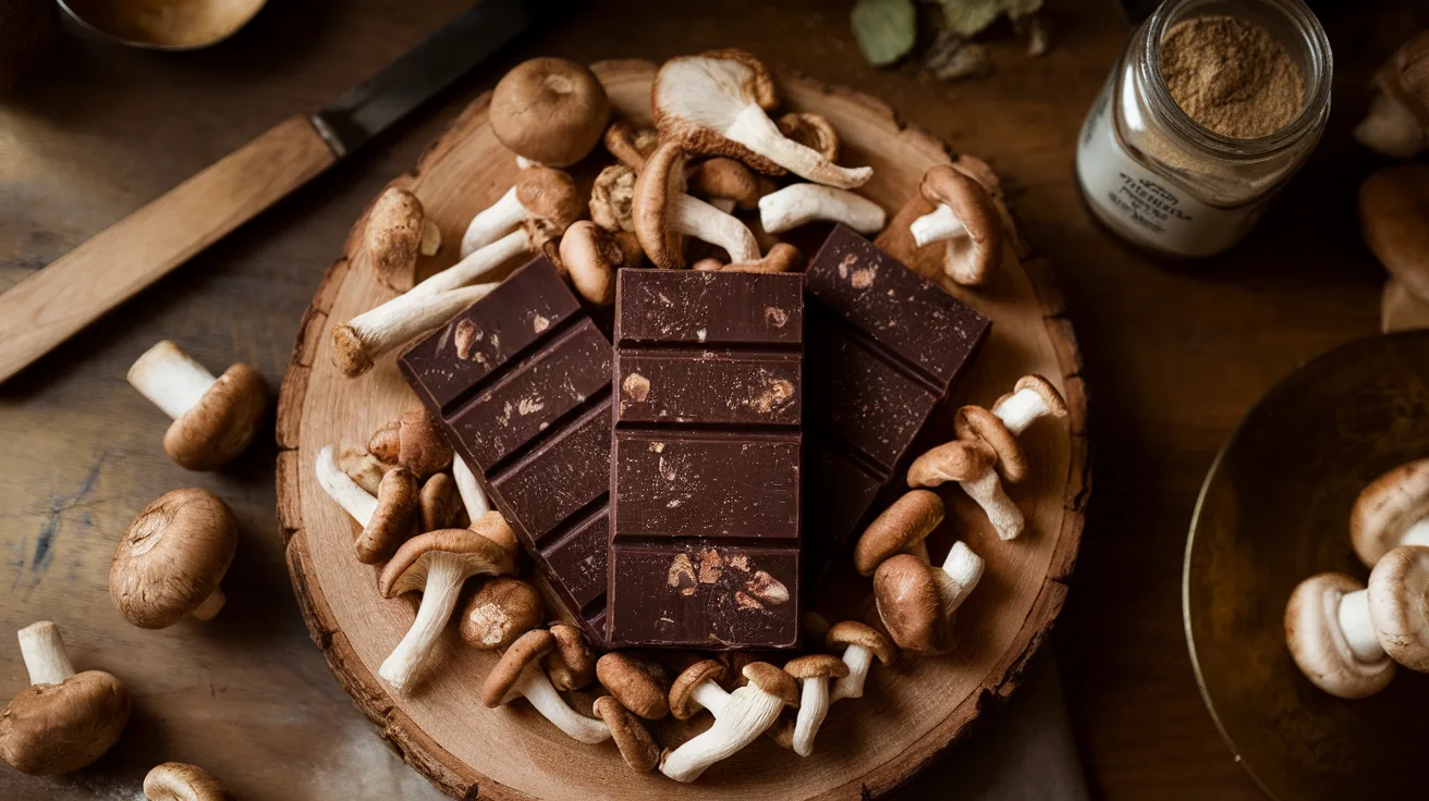 Handmade mushroom chocolate bars on a rustic cutting board