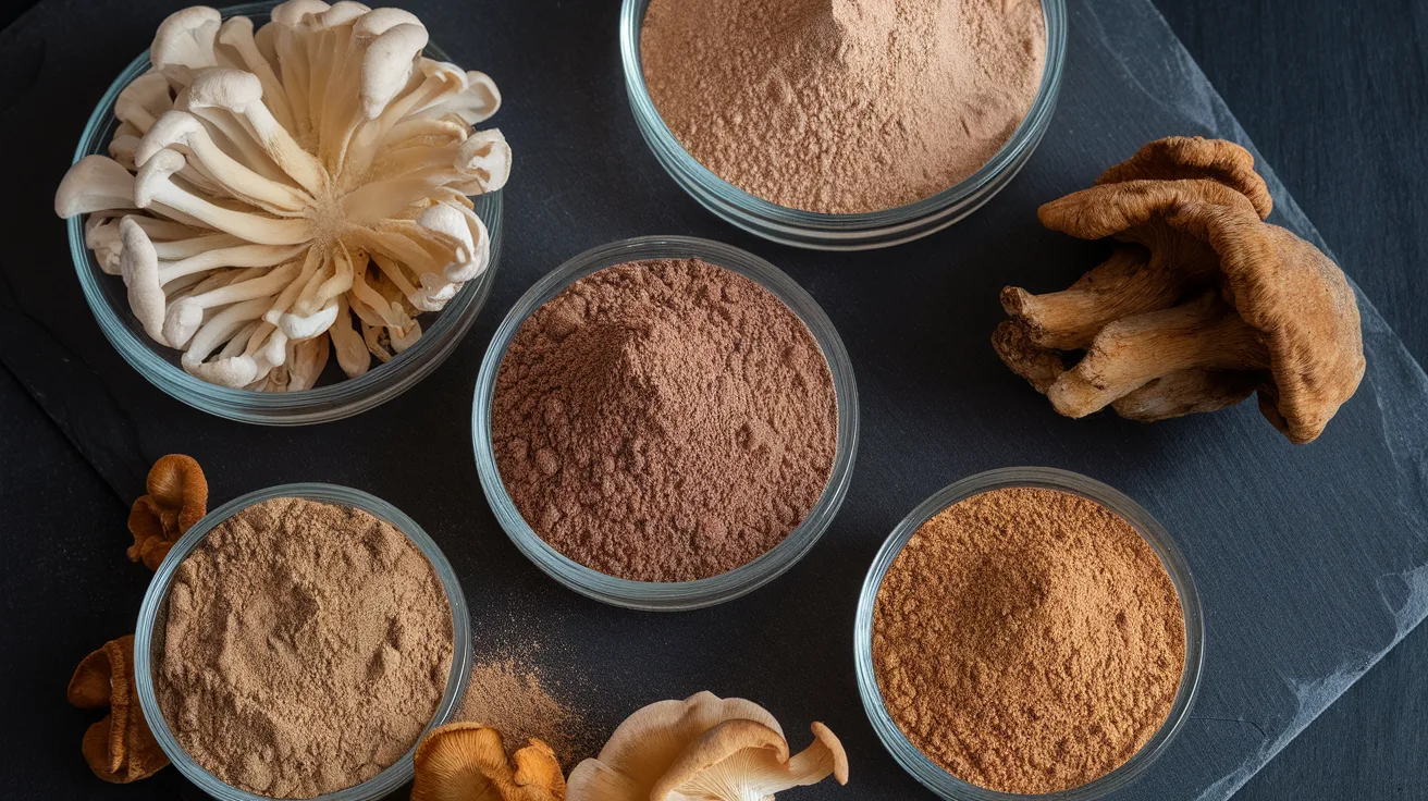 Various mushroom extract powders in glass bowls
