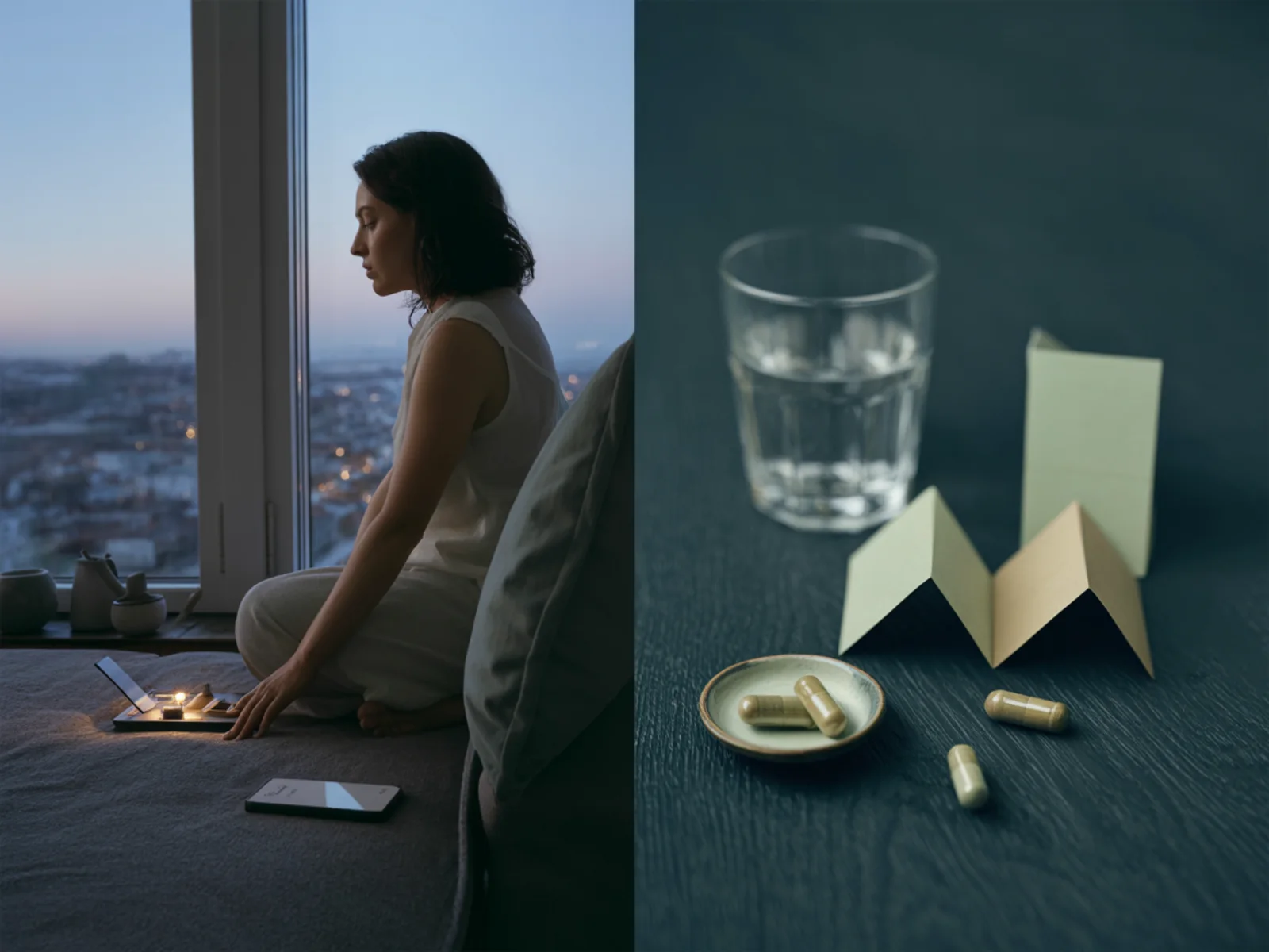 Escaper archetype scene by a night window with a phone set aside and a steady next step.