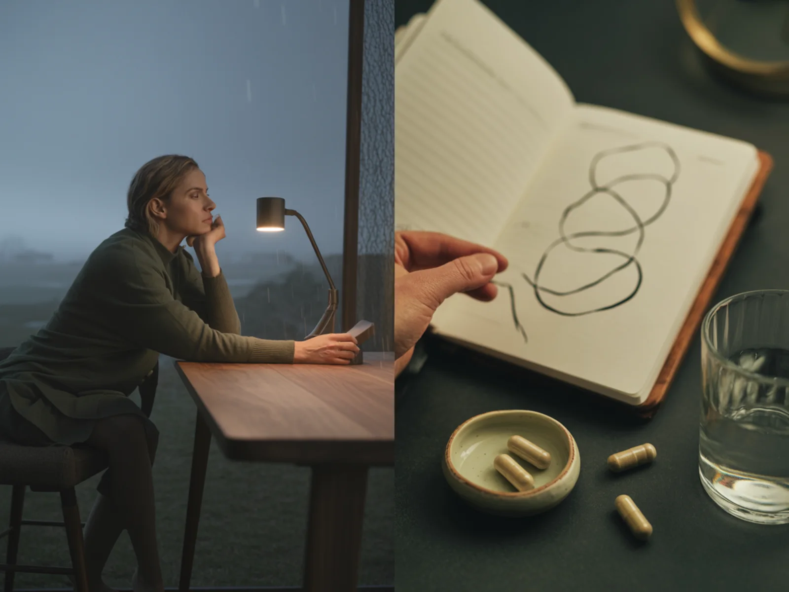 Overthinker archetype scene with a rainlit desk, a blank notebook, and a calm evening reset.